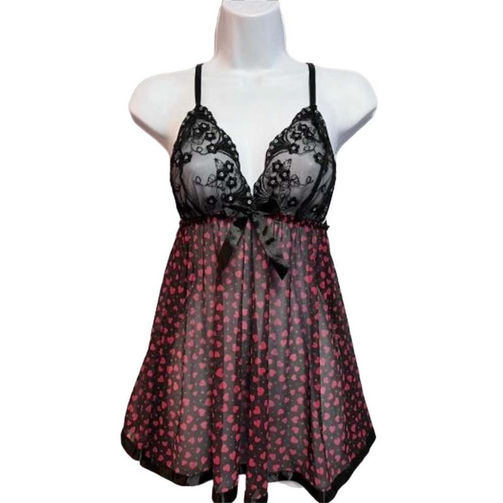 Romantic Victores's Secret Black & Pink Heart-Print Y2K Lace Babydoll Nightgown
